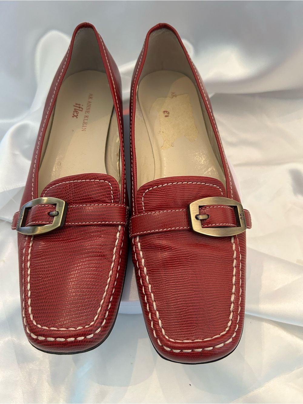 Anne Klein Iflex Red Leather Buckle Loafers